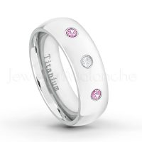 0.21ctw Diamond & Pink Tourmaline 3-Stone Ring - October Birthstone Ring - 7mm Polished Finish Comfort Fit Dome White Titanium Wedding Ring TM537-PTM