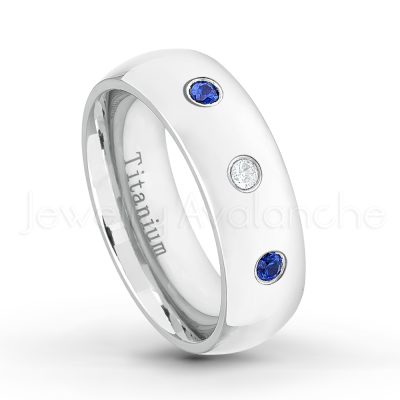 0.21ctw Blue Sapphire & Diamond 3-Stone Ring - September Birthstone Ring - 7mm Polished Finish Comfort Fit Dome White Titanium Wedding Ring TM537-SP