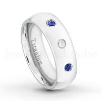 0.21ctw Diamond & Blue Sapphire 3-Stone Ring - September Birthstone Ring - 7mm Polished Finish Comfort Fit Dome White Titanium Wedding Ring TM537-SP