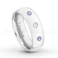 0.21ctw Diamond & Tanzanite 3-Stone Ring - December Birthstone Ring - 7mm Polished Finish Comfort Fit Dome White Titanium Wedding Ring TM537-TZN