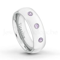 0.21ctw Amethyst 3-Stone Ring - February Birthstone Ring - 7mm Polished Finish Comfort Fit Dome White Titanium Wedding Ring TM537-AMT