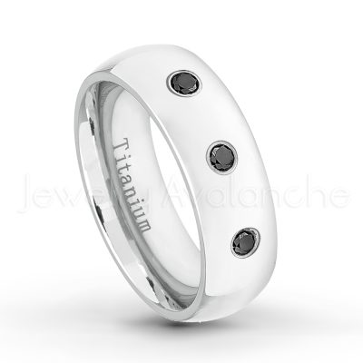 0.07ctw Black Diamond Solitaire Ring - April Birthstone Ring - 7mm Polished Finish Comfort Fit Dome White Titanium Wedding Ring TM537-BD
