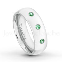 0.21ctw Emerald 3-Stone Ring - May Birthstone Ring - 7mm Polished Finish Comfort Fit Dome White Titanium Wedding Ring TM537-ED