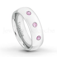 0.21ctw Pink Tourmaline 3-Stone Ring - October Birthstone Ring - 7mm Polished Finish Comfort Fit Dome White Titanium Wedding Ring TM537-PTM
