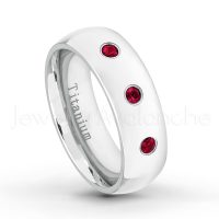 0.21ctw Ruby 3-Stone Ring - July Birthstone Ring - 7mm Polished Finish Comfort Fit Dome White Titanium Wedding Ring TM537-RB