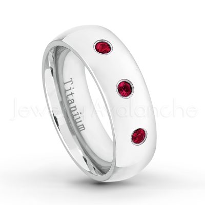 0.21ctw Diamond & Ruby 3-Stone Ring - July Birthstone Ring - 7mm Polished Finish Comfort Fit Dome White Titanium Wedding Ring TM537-RB