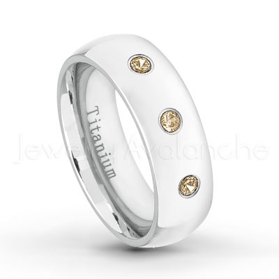 0.21ctw Smokey Quartz & Diamond 3-Stone Ring - November Birthstone Ring - 7mm Polished Finish Comfort Fit Dome White Titanium Wedding Ring TM537-SMQ