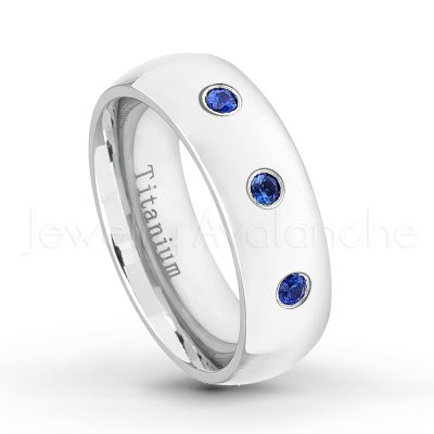 0.21ctw Diamond & Blue Sapphire 3-Stone Ring - September Birthstone Ring - 7mm Polished Finish Comfort Fit Dome White Titanium Wedding Ring TM537-SP
