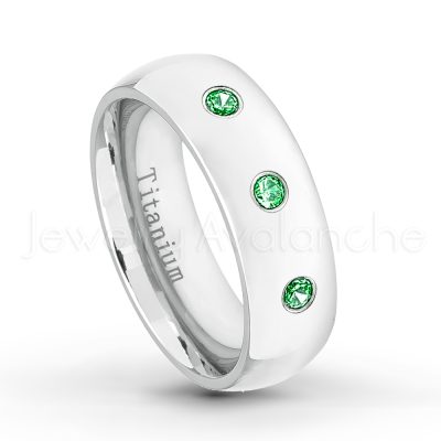 0.21ctw Tsavorite & Diamond 3-Stone Ring - January Birthstone Ring - 7mm Polished Finish Comfort Fit Dome White Titanium Wedding Ring TM537-TVR