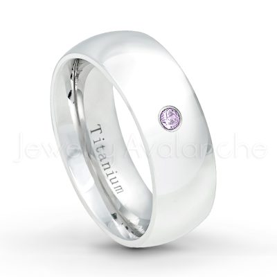 0.21ctw Amethyst 3-Stone Ring - February Birthstone Ring - 8mm Polished Finish Comfort Fit Dome White Titanium Wedding Ring TM538-AMT