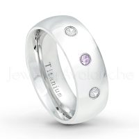 0.21ctw Amethyst & Diamond 3-Stone Ring - February Birthstone Ring - 8mm Polished Finish Comfort Fit Dome White Titanium Wedding Ring TM538-AMT