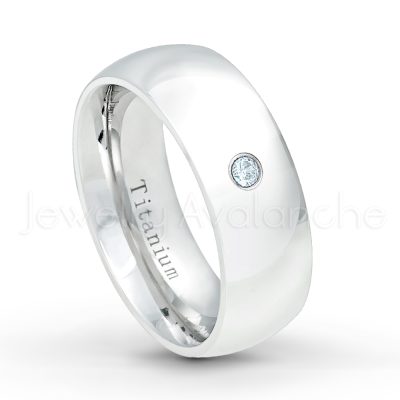 0.21ctw Aquamarine 3-Stone Ring - March Birthstone Ring - 8mm Polished Finish Comfort Fit Dome White Titanium Wedding Ring TM538-AQM