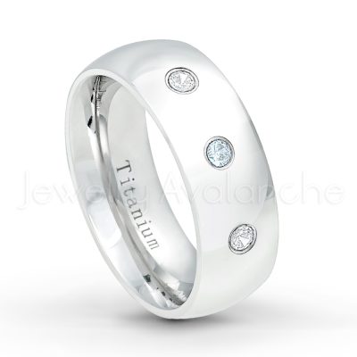 0.21ctw Aquamarine & Diamond 3-Stone Ring - March Birthstone Ring - 8mm Polished Finish Comfort Fit Dome White Titanium Wedding Ring TM538-AQM