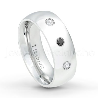 0.21ctw White & Black Diamond 3-Stone Ring - April Birthstone Ring - 8mm Polished Finish Comfort Fit Dome White Titanium Wedding Ring TM538-WD