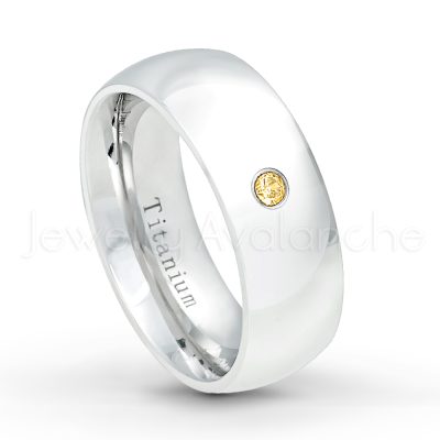 0.21ctw Citrine & Diamond 3-Stone Ring - November Birthstone Ring - 8mm Polished Finish Comfort Fit Dome White Titanium Wedding Ring TM538-CN