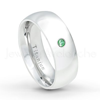 0.21ctw Emerald & Diamond 3-Stone Ring - May Birthstone Ring - 8mm Polished Finish Comfort Fit Dome White Titanium Wedding Ring TM538-ED