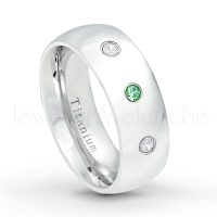 0.21ctw Emerald & Diamond 3-Stone Ring - May Birthstone Ring - 8mm Polished Finish Comfort Fit Dome White Titanium Wedding Ring TM538-ED