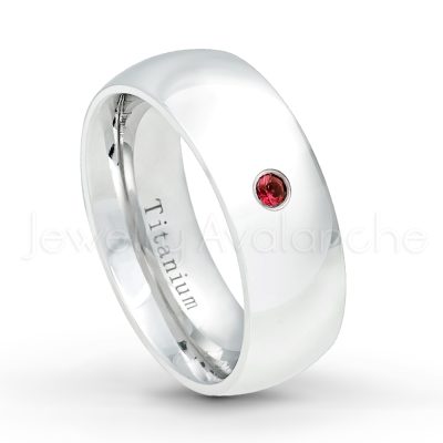 0.21ctw Diamond & Garnet 3-Stone Ring - January Birthstone Ring - 8mm Polished Finish Comfort Fit Dome White Titanium Wedding Ring TM538-GR
