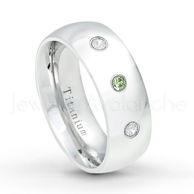 0.21ctw Diamond & Green Tourmaline 3-Stone Ring - October Birthstone Ring - 8mm Polished Finish Comfort Fit Dome White Titanium Wedding Ring TM538-GTM
