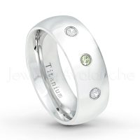 0.21ctw Peridot & Diamond 3-Stone Ring - August Birthstone Ring - 8mm Polished Finish Comfort Fit Dome White Titanium Wedding Ring TM538-PD