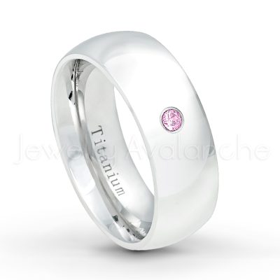 0.21ctw Pink Tourmaline & Diamond 3-Stone Ring - October Birthstone Ring - 8mm Polished Finish Comfort Fit Dome White Titanium Wedding Ring TM538-PTM