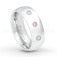 0.21ctw Pink Tourmaline & Diamond 3-Stone Ring - October Birthstone Ring - 8mm Polished Finish Comfort Fit Dome White Titanium Wedding Ring TM538-PTM