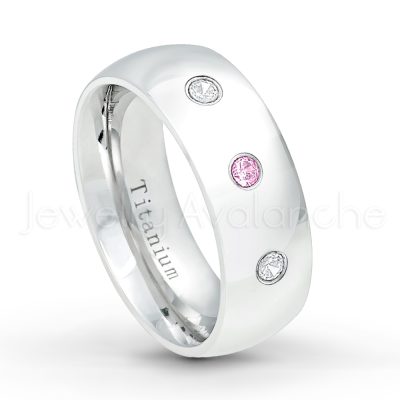 0.21ctw Diamond & Pink Tourmaline 3-Stone Ring - October Birthstone Ring - 8mm Polished Finish Comfort Fit Dome White Titanium Wedding Ring TM538-PTM