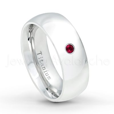 0.21ctw Ruby 3-Stone Ring - July Birthstone Ring - 8mm Polished Finish Comfort Fit Dome White Titanium Wedding Ring TM538-RB
