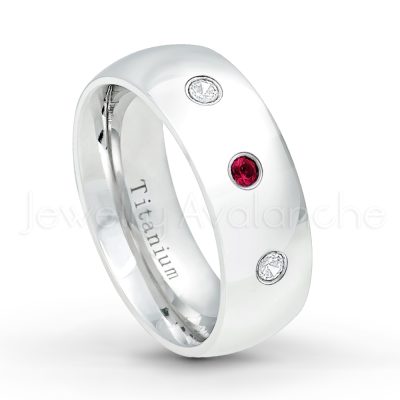 0.21ctw Ruby 3-Stone Ring - July Birthstone Ring - 8mm Polished Finish Comfort Fit Dome White Titanium Wedding Ring TM538-RB