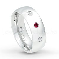 0.21ctw Ruby & Diamond 3-Stone Ring - July Birthstone Ring - 8mm Polished Finish Comfort Fit Dome White Titanium Wedding Ring TM538-RB