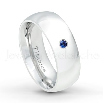 0.21ctw Blue Sapphire & Diamond 3-Stone Ring - September Birthstone Ring - 8mm Polished Finish Comfort Fit Dome White Titanium Wedding Ring TM538-SP