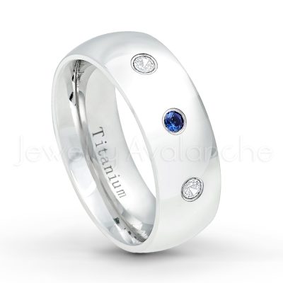 0.21ctw Blue Sapphire 3-Stone Ring - September Birthstone Ring - 8mm Polished Finish Comfort Fit Dome White Titanium Wedding Ring TM538-SP