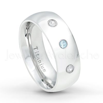 0.21ctw Diamond & Topaz 3-Stone Ring - November Birthstone Ring - 8mm Polished Finish Comfort Fit Dome White Titanium Wedding Ring TM538-TP