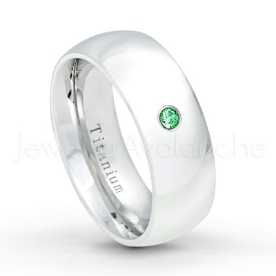 0.21ctw Diamond & Tsavorite 3-Stone Ring - January Birthstone Ring - 8mm Polished Finish Comfort Fit Dome White Titanium Wedding Ring TM538-TVR