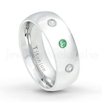 0.21ctw Tsavorite & Diamond 3-Stone Ring - January Birthstone Ring - 8mm Polished Finish Comfort Fit Dome White Titanium Wedding Ring TM538-TVR