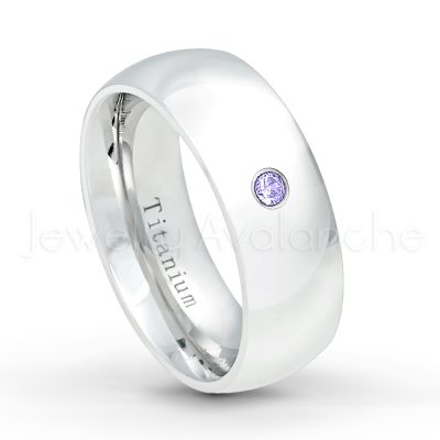 0.21ctw Diamond & Tanzanite 3-Stone Ring - December Birthstone Ring - 8mm Polished Finish Comfort Fit Dome White Titanium Wedding Ring TM538-TZN