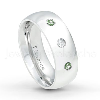 0.21ctw Alexandrite 3-Stone Ring - June Birthstone Ring - 8mm Polished Finish Comfort Fit Dome White Titanium Wedding Ring TM538-ALX