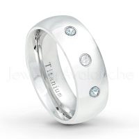 0.21ctw Diamond & Aquamarine 3-Stone Ring - March Birthstone Ring - 8mm Polished Finish Comfort Fit Dome White Titanium Wedding Ring TM538-AQM