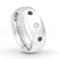 0.21ctw White & Black Diamond 3-Stone Ring - April Birthstone Ring - 8mm Polished Finish Comfort Fit Dome White Titanium Wedding Ring TM538-WD