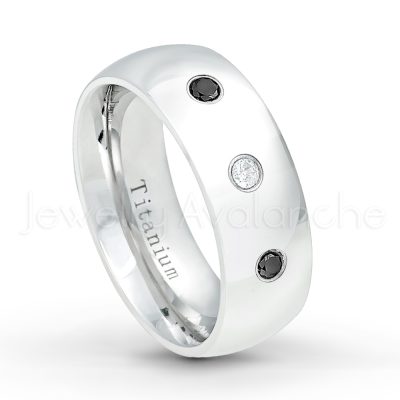 0.21ctw Black & White Diamond 3-Stone Ring - April Birthstone Ring - 8mm Polished Finish Comfort Fit Dome White Titanium Wedding Ring TM538-WD
