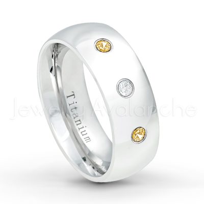 0.21ctw Citrine & Diamond 3-Stone Ring - November Birthstone Ring - 8mm Polished Finish Comfort Fit Dome White Titanium Wedding Ring TM538-CN