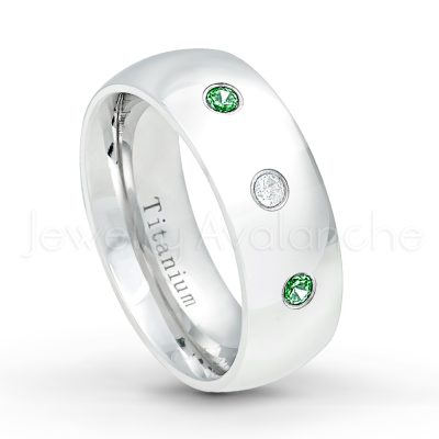 0.21ctw Emerald 3-Stone Ring - May Birthstone Ring - 8mm Polished Finish Comfort Fit Dome White Titanium Wedding Ring TM538-ED