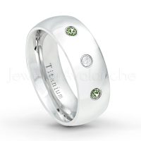 0.21ctw Diamond & Green Tourmaline 3-Stone Ring - October Birthstone Ring - 8mm Polished Finish Comfort Fit Dome White Titanium Wedding Ring TM538-GTM