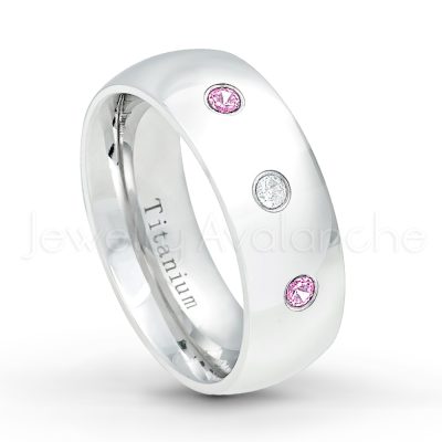 0.21ctw Pink Tourmaline 3-Stone Ring - October Birthstone Ring - 8mm Polished Finish Comfort Fit Dome White Titanium Wedding Ring TM538-PTM