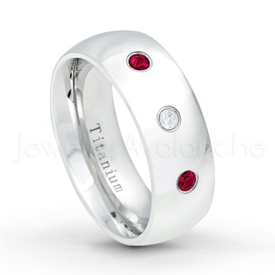 0.21ctw Ruby & Diamond 3-Stone Ring - July Birthstone Ring - 8mm Polished Finish Comfort Fit Dome White Titanium Wedding Ring TM538-RB