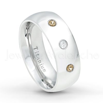 0.21ctw Smokey Quartz 3-Stone Ring - November Birthstone Ring - 8mm Polished Finish Comfort Fit Dome White Titanium Wedding Ring TM538-SMQ