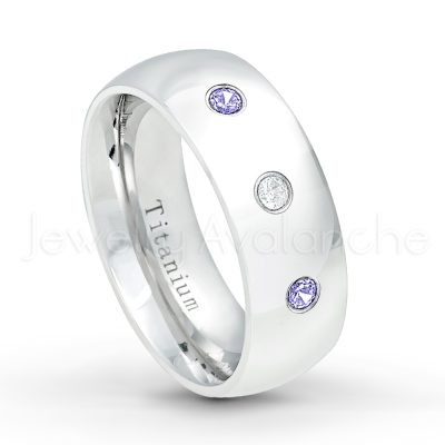 0.21ctw Tanzanite & Diamond 3-Stone Ring - December Birthstone Ring - 8mm Polished Finish Comfort Fit Dome White Titanium Wedding Ring TM538-TZN