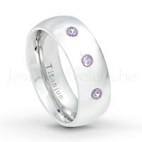 0.21ctw Amethyst 3-Stone Ring - February Birthstone Ring - 8mm Polished Finish Comfort Fit Dome White Titanium Wedding Ring TM538-AMT