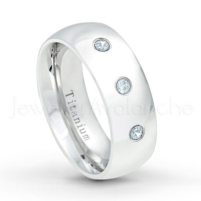 0.21ctw Aquamarine 3-Stone Ring - March Birthstone Ring - 8mm Polished Finish Comfort Fit Dome White Titanium Wedding Ring TM538-AQM