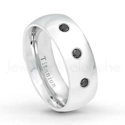 0.07ctw Black Diamond Solitaire Ring - April Birthstone Ring - 8mm Polished Finish Comfort Fit Dome White Titanium Wedding Ring TM538-BD